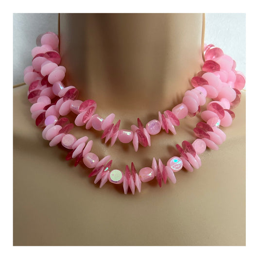 Vintage 1960s Pink Tones Plastic Bead Double Strand Small Choker Necklace (Hong Kong)