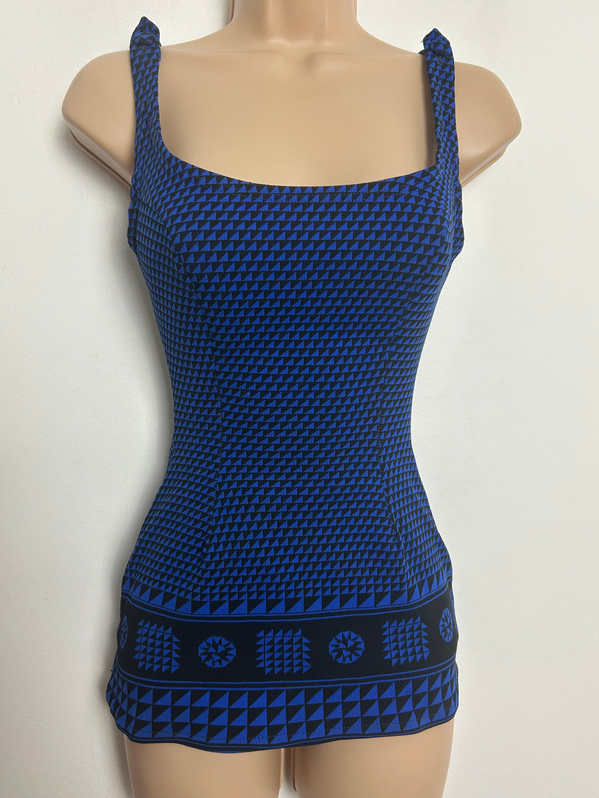 Vintage Late 1960s TROPIC Size 10-12 Dark Blue & Navy Geo Print Padded Skirted Swimsuit