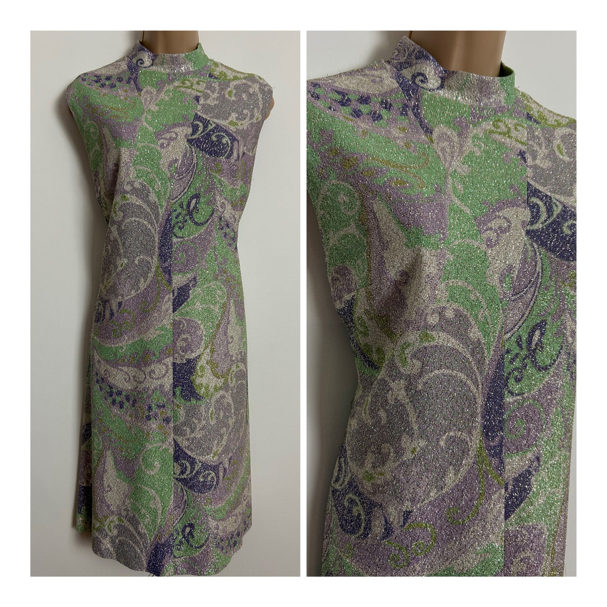 Vintage 1960s UK Size 12 Green Purple & Lilac Abstract Print Lurex Shift Mod Dress