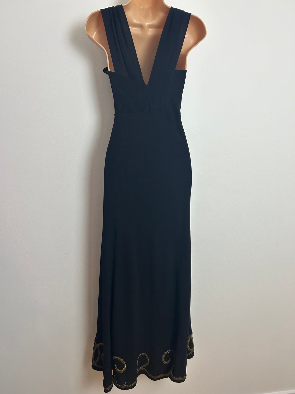 Vintage Original 1940s Size 8 Black Rayon Gold Thread Embroidered Swirl Pattern Occasion Evening Maxi Dress