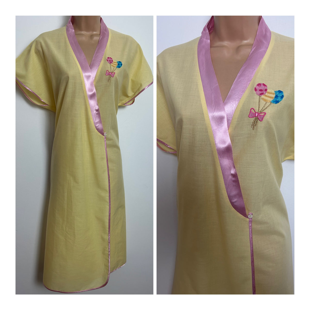 Vintage 1980s Size 10-12 Lemon & Pink Satin Trim Embroidered Balloon Motif Detail Wrap Style Dressing Gown