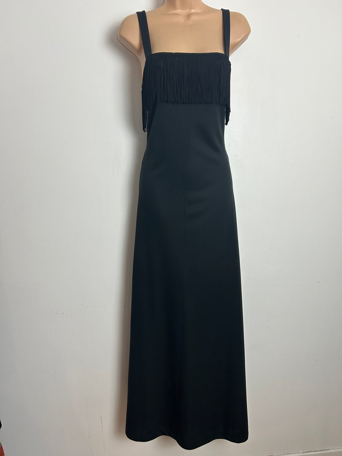 Vintage 1970s Size 8 Black Fringe Tassel Detail Evening Maxi Dress