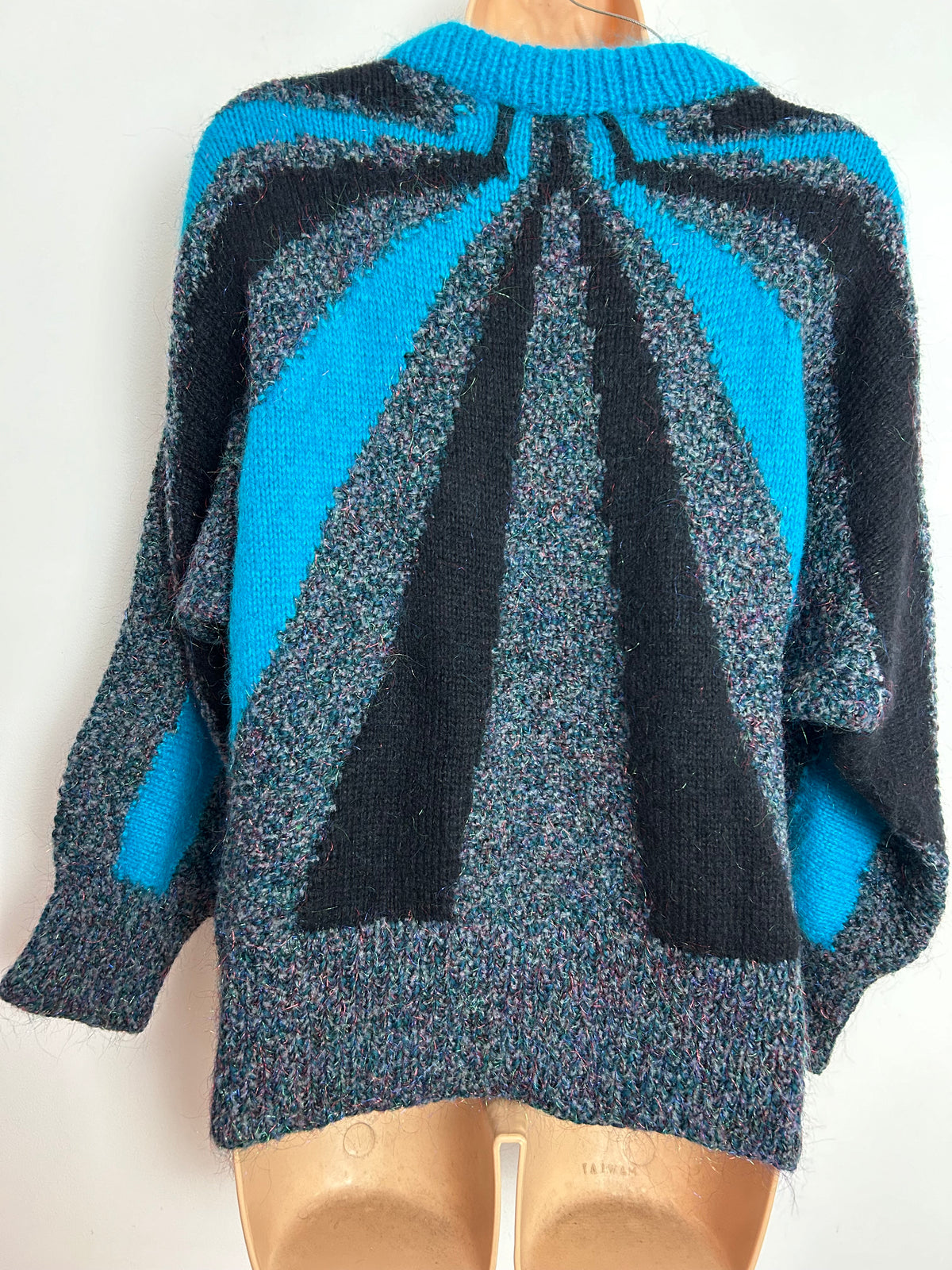 Vintage 1980s One Size Up To 16 Grey Black & Dark Turquoise Sun Ray Pattern Mohair Mix Jumper
