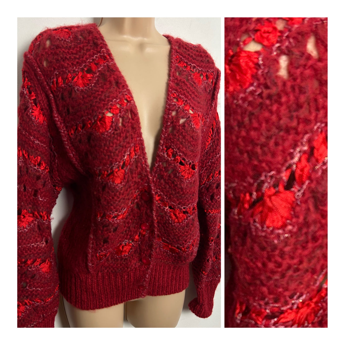 Vintage 1980s UK Size 10-12 Red Mohair & Ribbon Knit Long Sleeve Cardigan