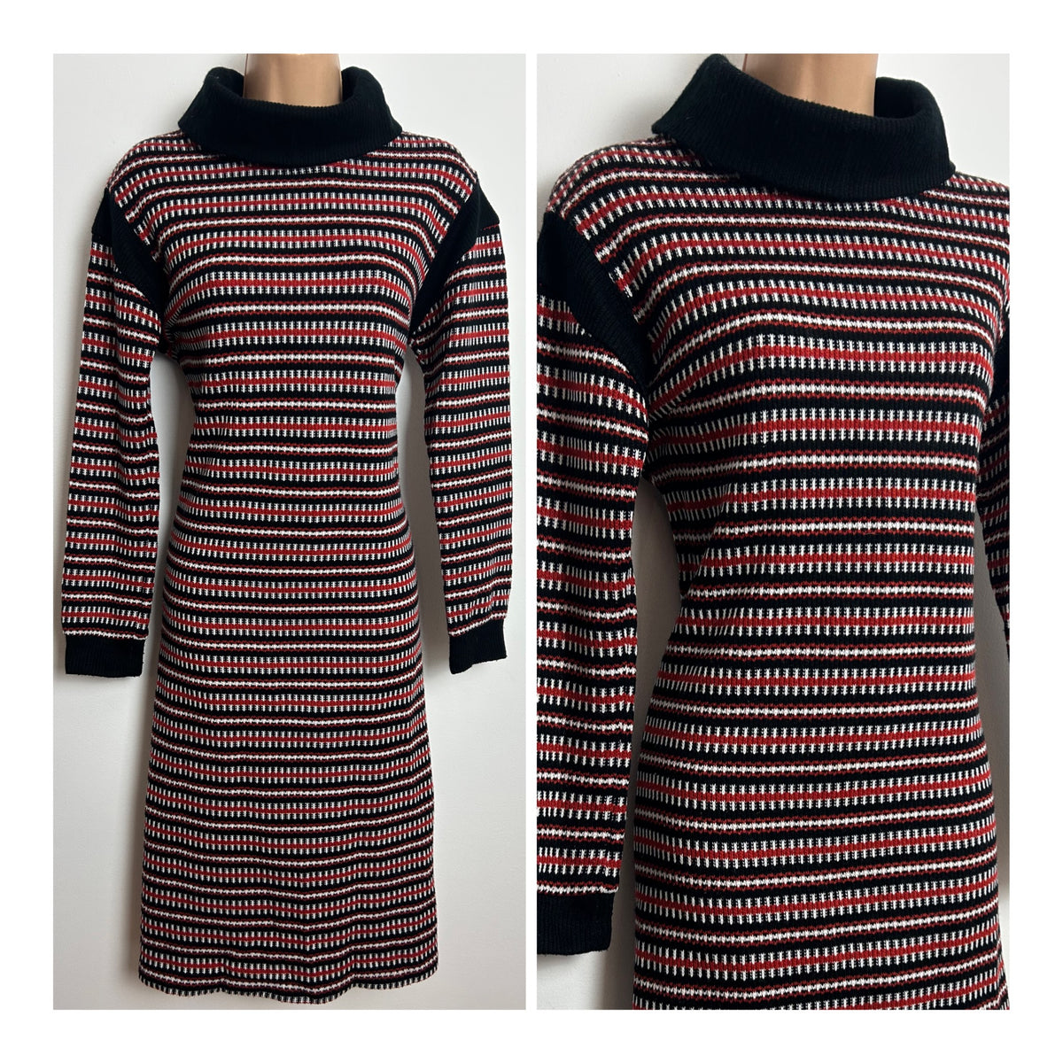 Vintage Late 1970s ST MICHAEL Size 14-16 Black Red & White Stripe Knitted Long Sleeve Shift Jumper Style Dress