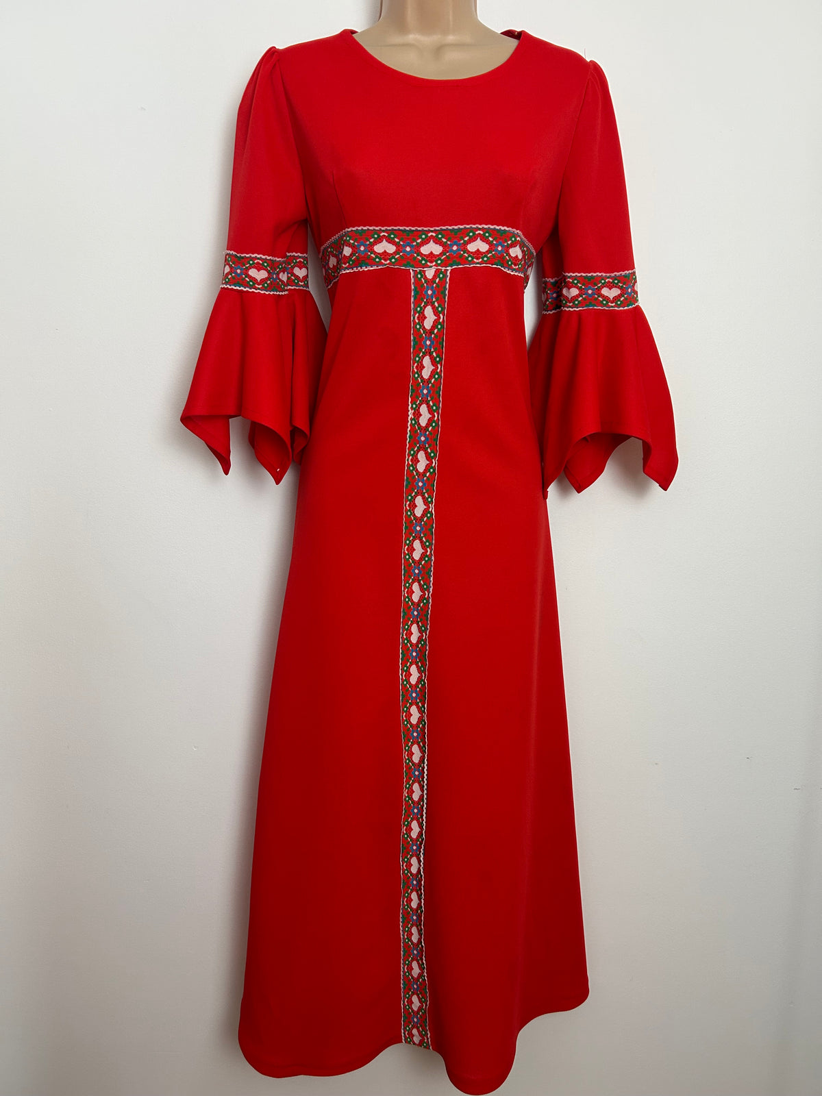 Vintage 1970s Size 10 Red & White Heart Braid Trim  Flared Cuff Boho Midaxi Dress
