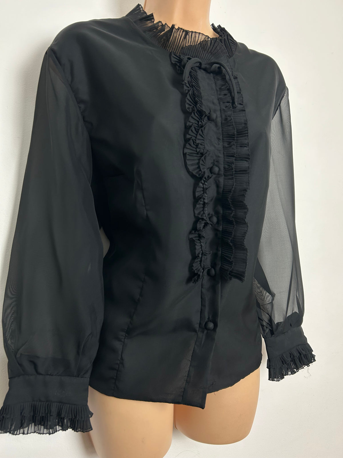 Vintage 1960s ELAMOD PARIS Size 16 Black Ruffle Trim Bow Detail Blouse