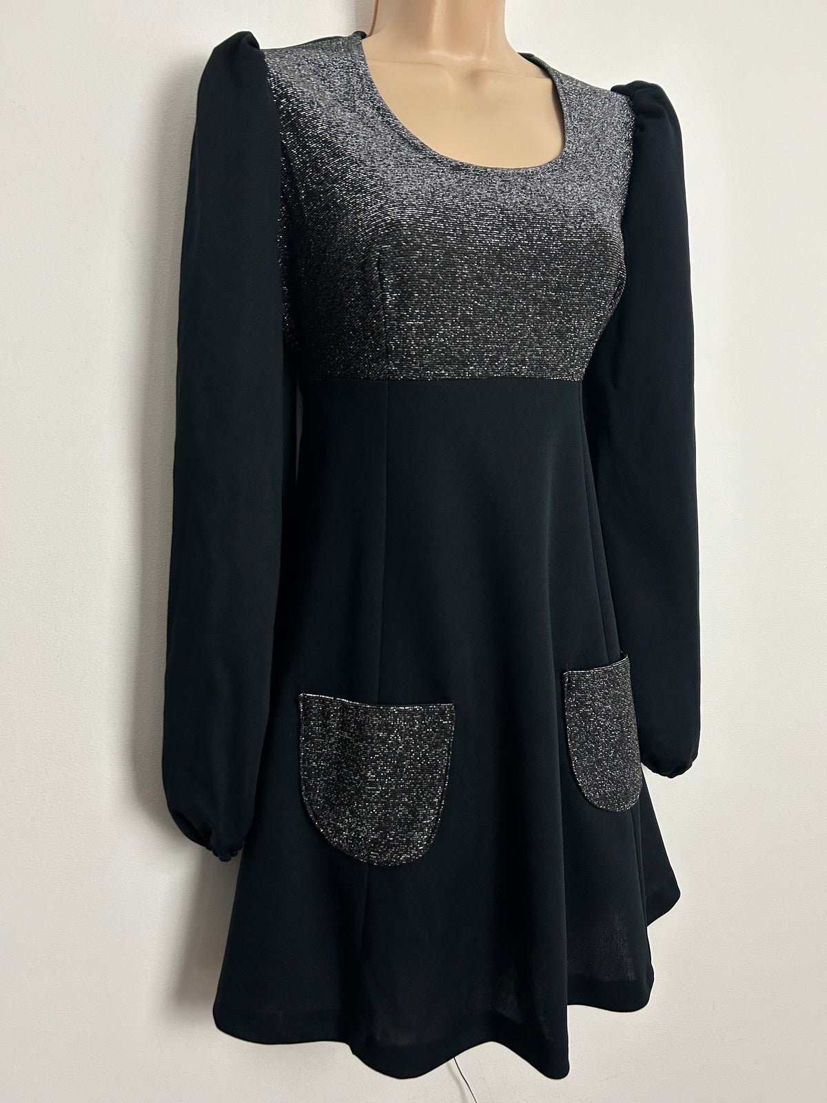 Vintage Early 1970s UK Size 10 Black & Silver Lurex Long Sleeve Pocket Detail Mini Dress