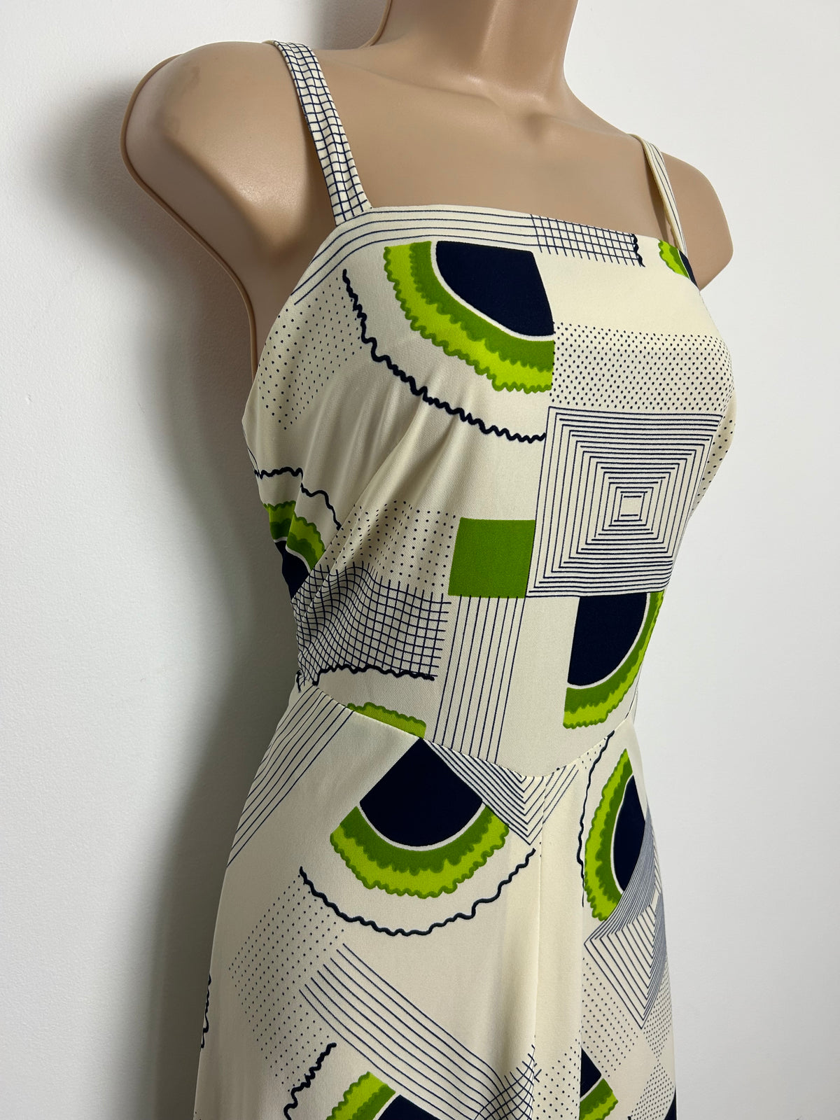 Vintage 1970s MARISA By Kitty Copeland Size 10-12 Cream Navy Blue & Green Abstract Print Dress & Matching Dagger Collar Open Fronted Shirt  Style Jacket