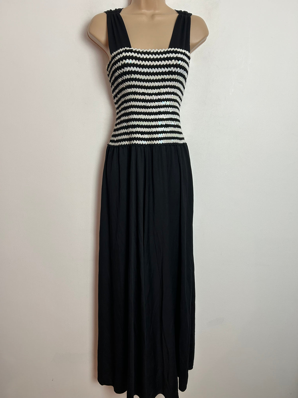 Vintage 1970s UK Size 10-14 Black & White Sequin Stretch Bodice Occasion Evening Maxi Dress