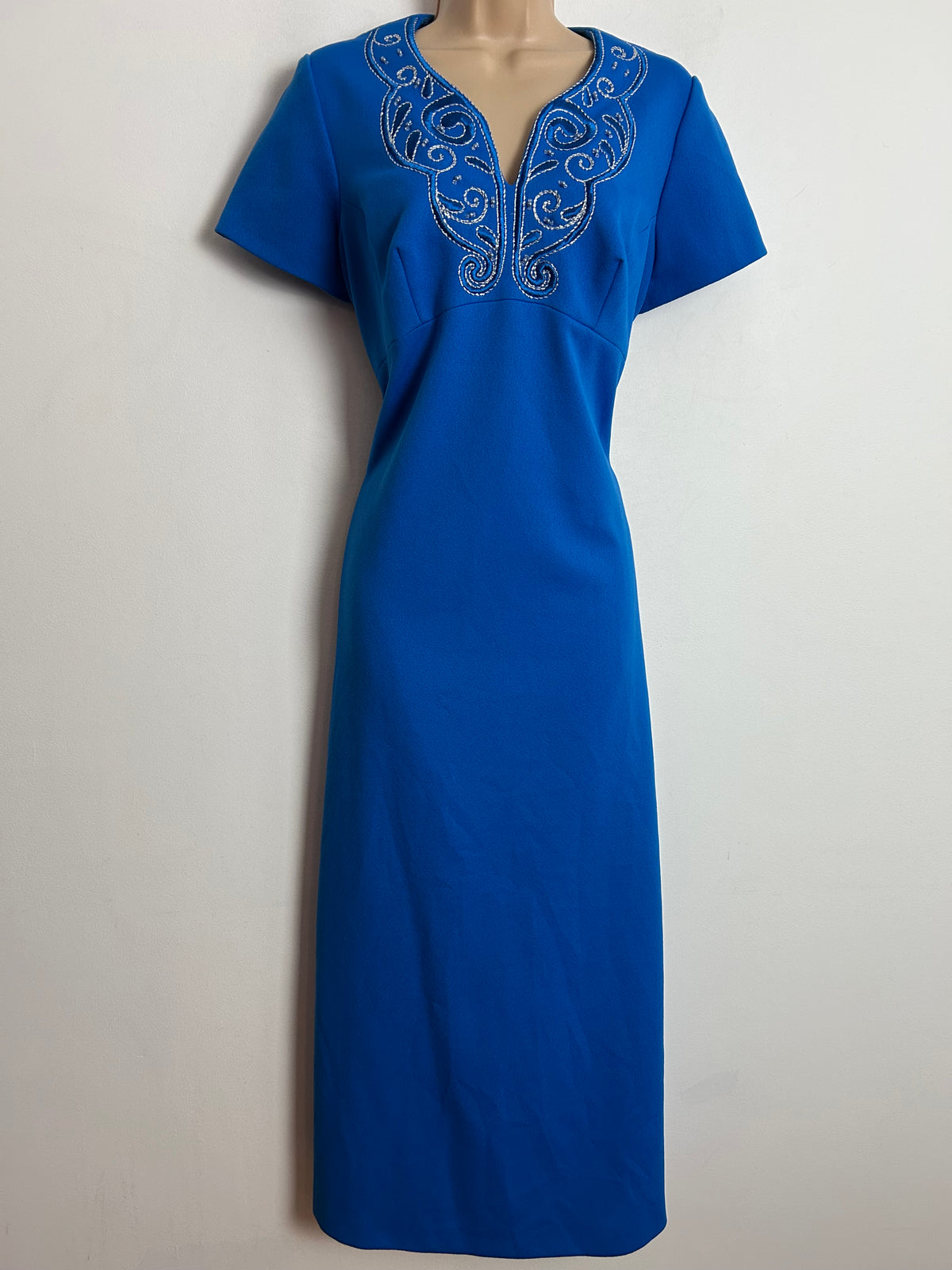 Vintage 1960s UK Size 14 Royal Blue & Silver Embroidered & Bead Detail Occasion Evening Maxi Dress