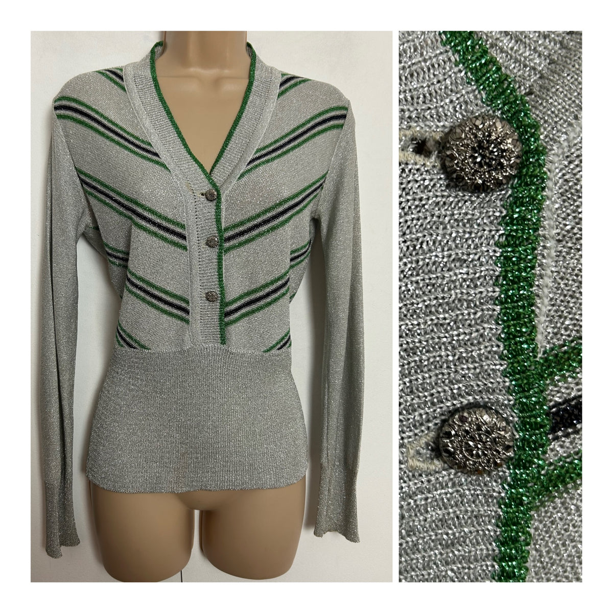 Vintage 1970s UK Size 10-12 Silver Green & Black Stripe Lurex Long Sleeve Top
