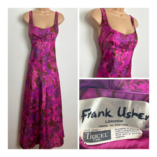 Vintage 1960s FRANK USHER Size 8 Pink & Purple Floral Print Bow Back Maxi Dress