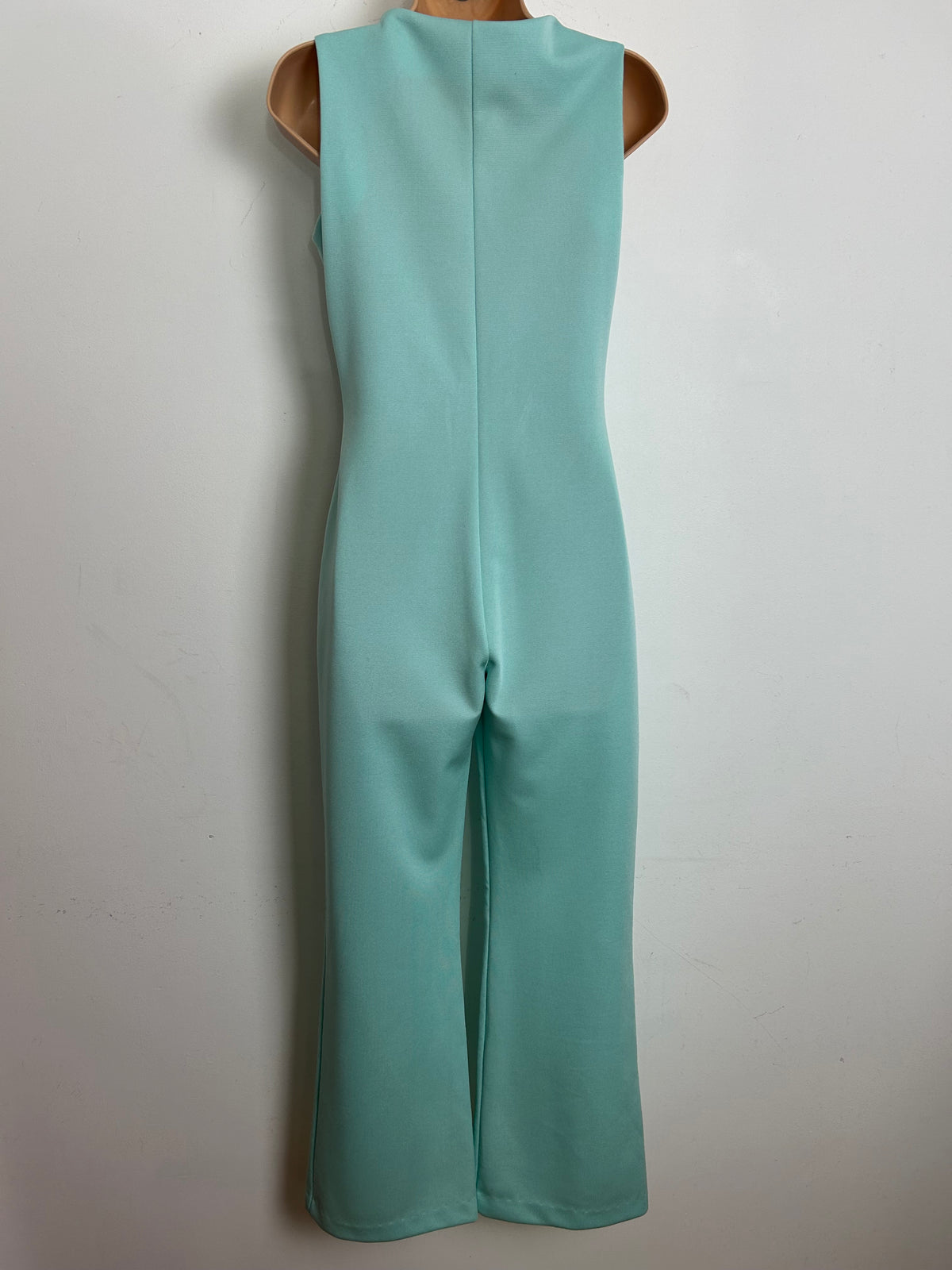 Vintage Early 1970s Size 6-8 Mint Green Beagle Collar Zip Front Straight Leg Jumpsuit