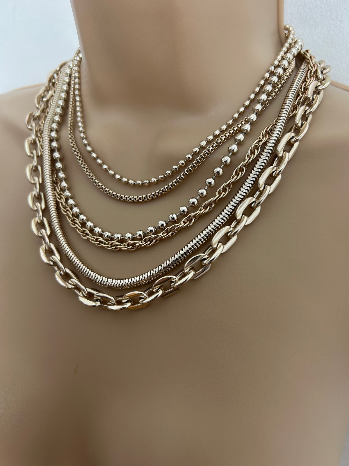 Vintage Gold Tone Multi Strand Stacked Choker Style Necklace