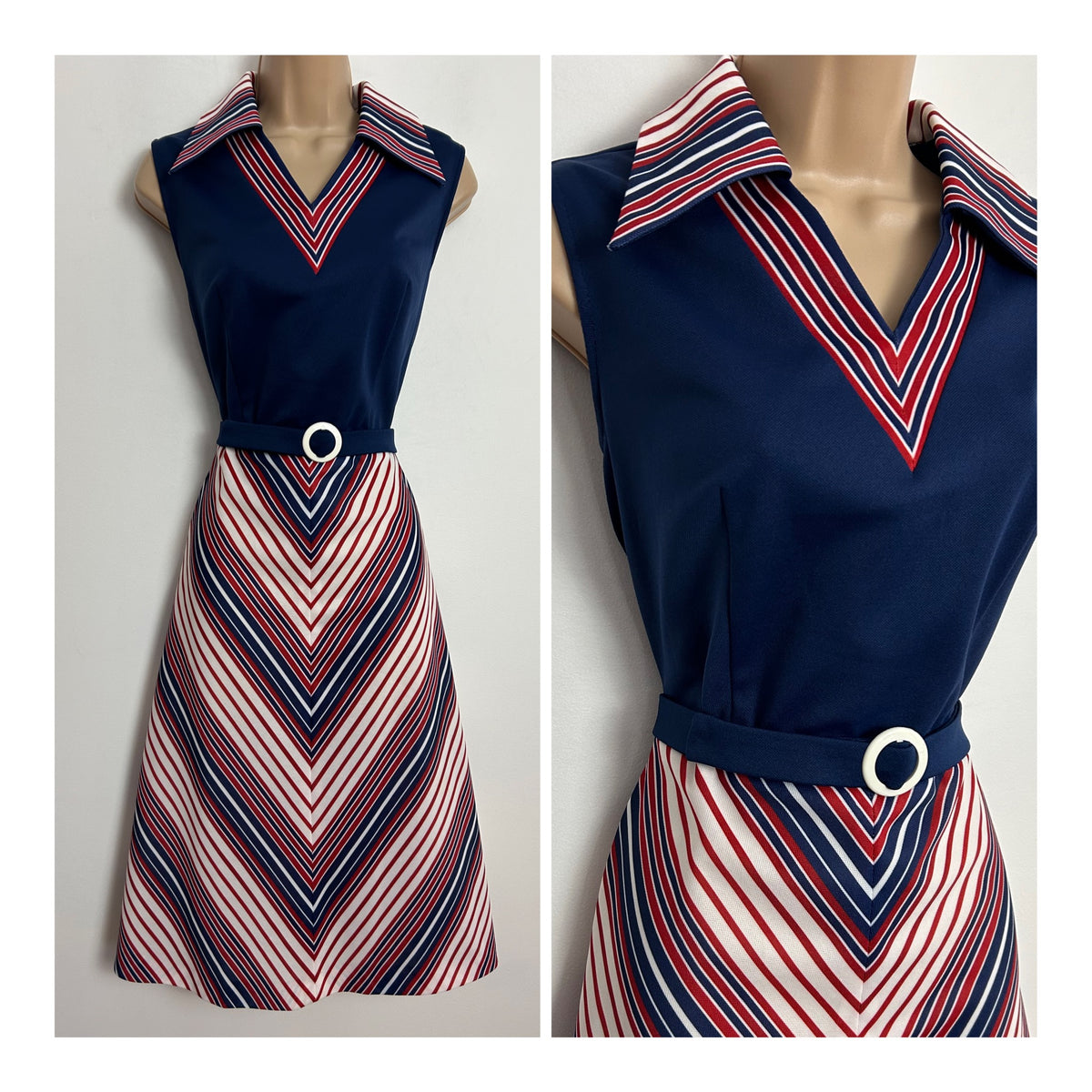 Vintage 1970s Size 12 Navy Blue Red & White Chevron Stripe Print Wide Collared Sleeveless Belted Mod Dress