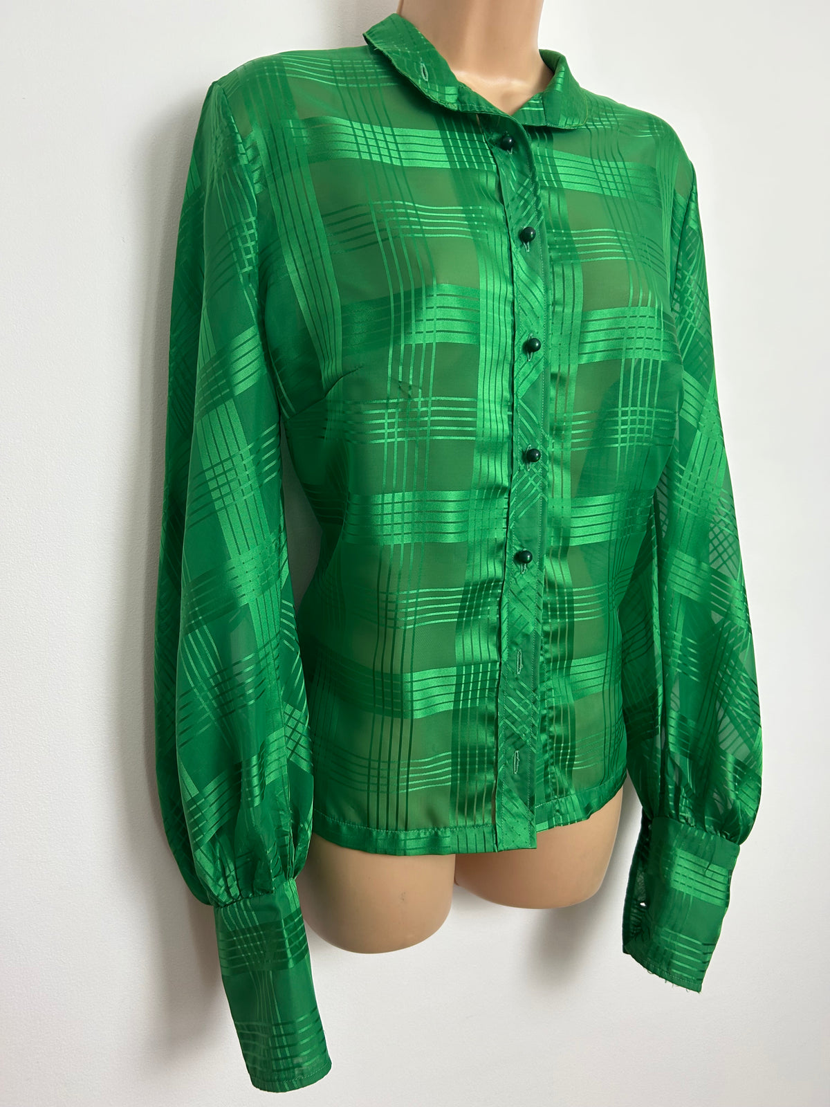 Vintage Early 1980s Size 14 Emerald Green Check Pattern Long Sleeve Shirt
