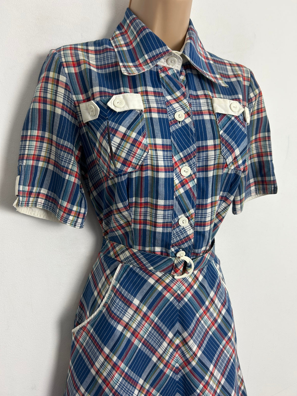 Vintage Late 1970s UK Size 8 Blue Red & White Check Print Cotton Pocket Detail Belted Day Dress