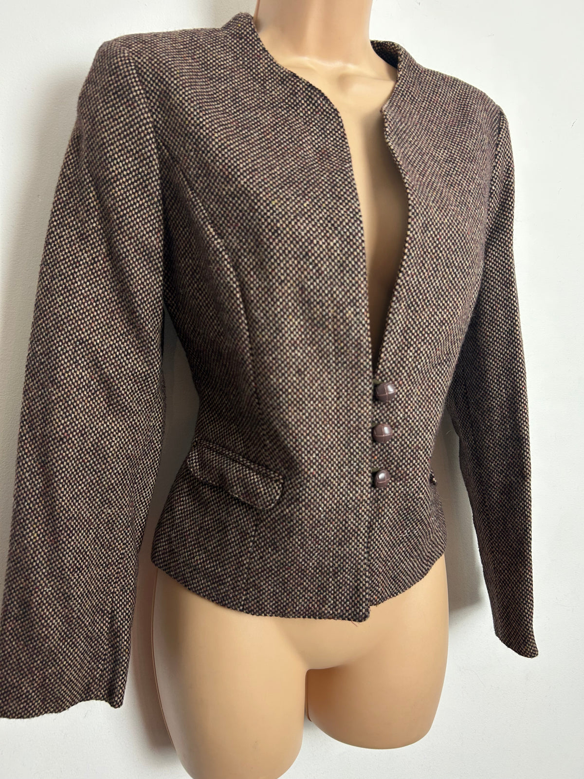 Vintage 1980s PLUM TREE CANADA Size 10 Brown Tweed Wool Mix Collarless Blazer