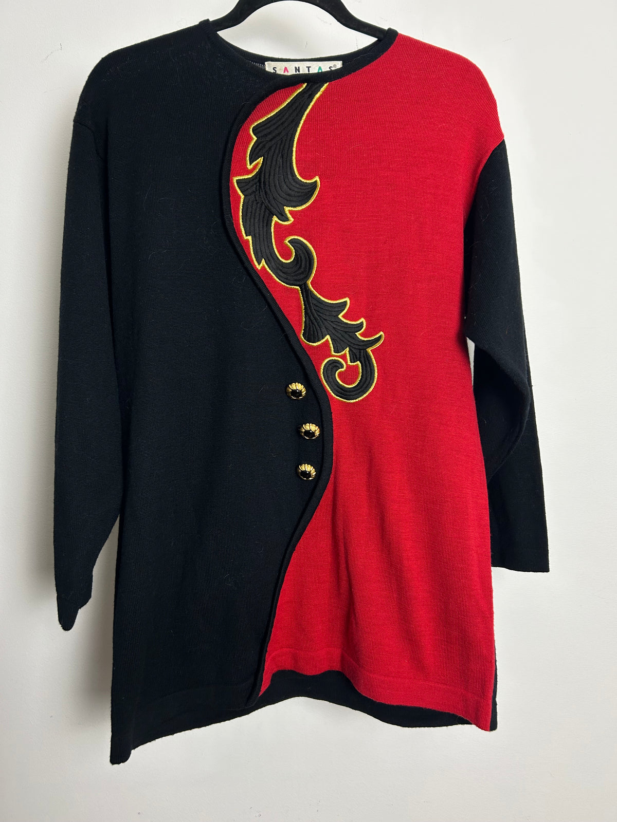 Vintage 1980s1990s  SANTAS Size 12-14 Black & Red Applique & Button Detail Wool Mix Jumper