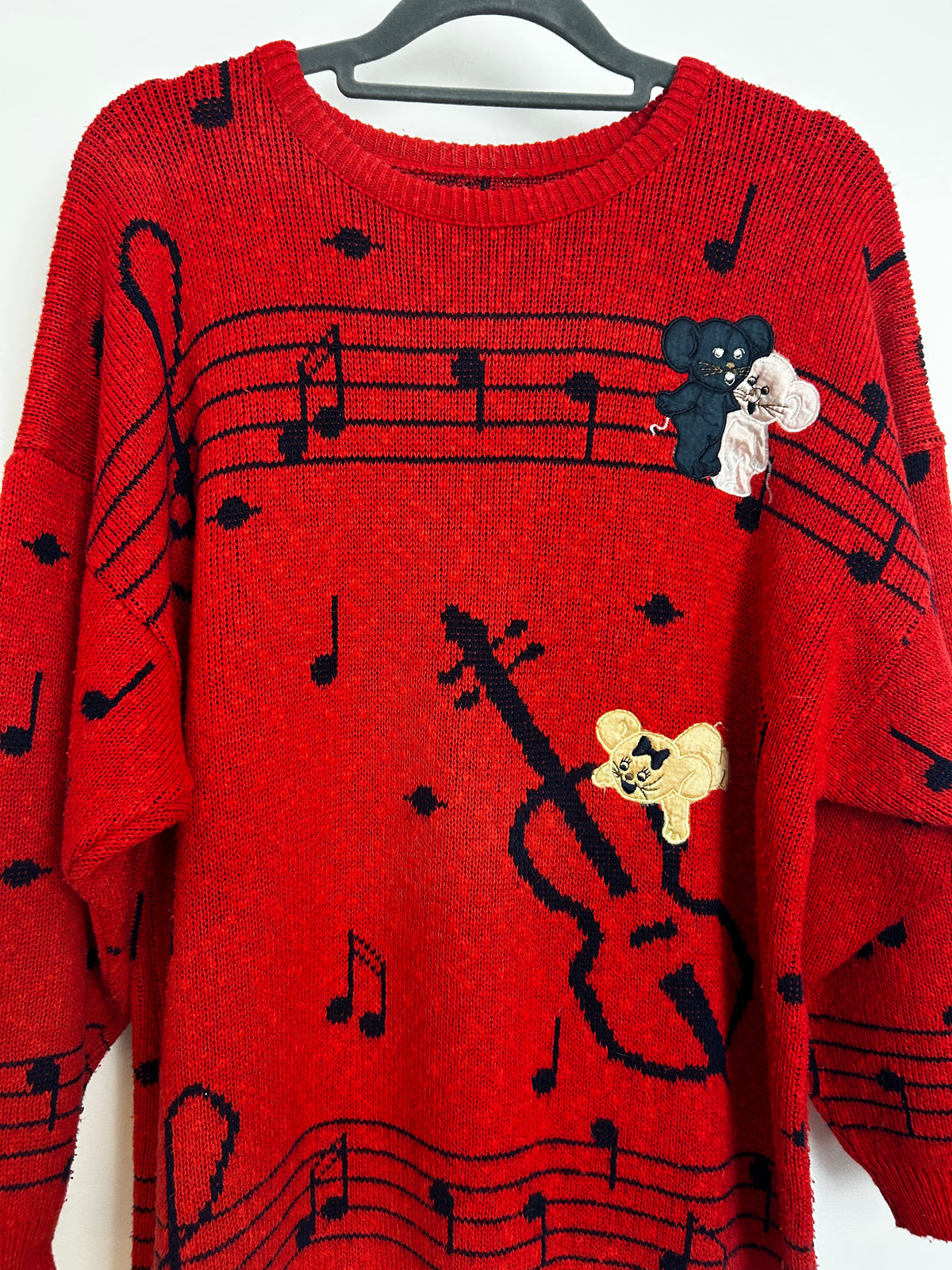 Vintage 1980s Up To Size 12-14 Red & Black Musical Theme & Mice Applique Novelty Jumper