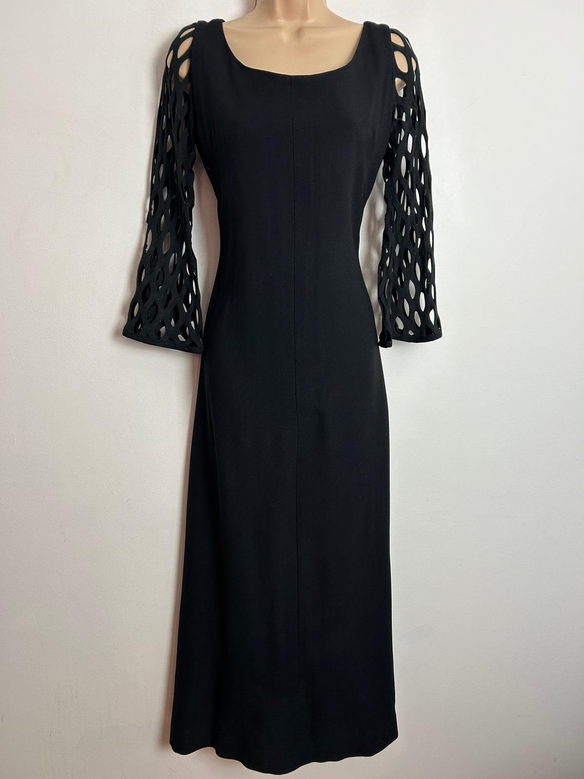 Vintage 1960s SEVENTH AVENUE UK Size 10-12 Black Cut Out Long Sleeve Detail Occasion Maxi Dress