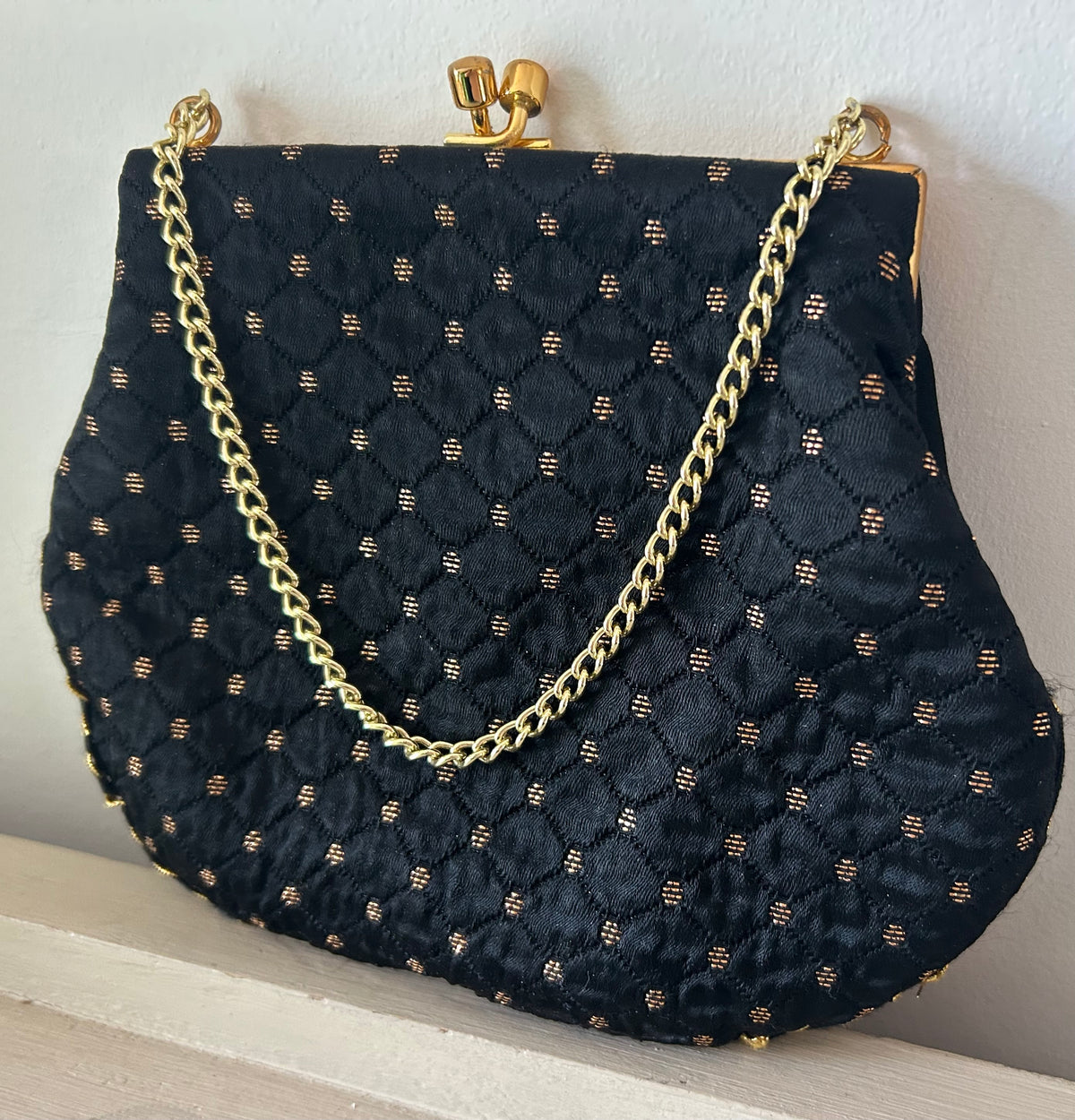 Vintage 1960s Small Black & Metallic Gold Satin Fabric Evening Bag With Chain Handle
