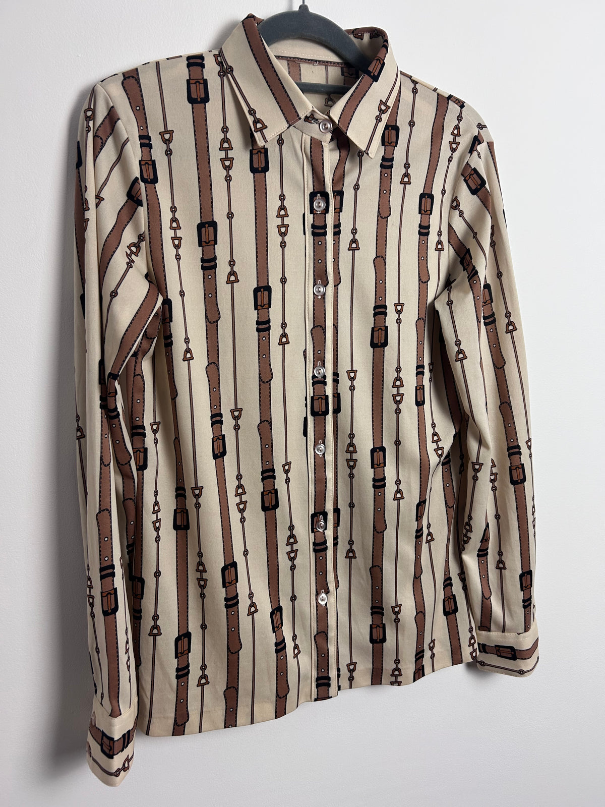 Vintage 1970s UK Size 8 Cream & Tan Brown Strap Belt & Stirrup Novelty Print Stripe Print Long Sleeve Shirt