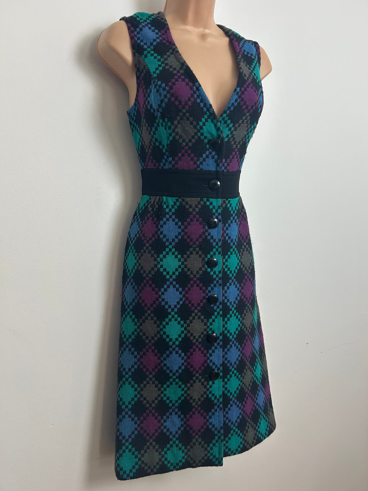 Vintage Late 1960s WINDSMOOR Size 10 Black Blue & Purple Diamond Check Button Through Woven Day Dress