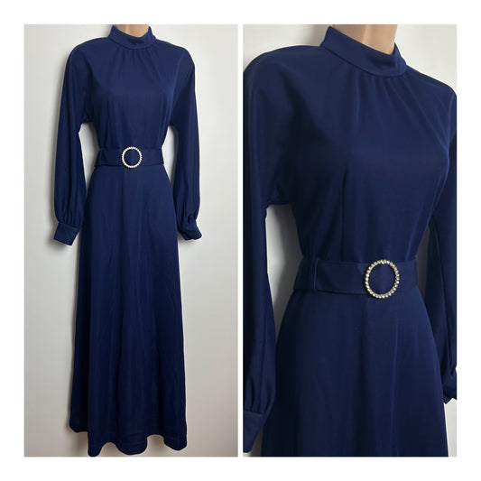 Vintage 1970s Size 8-10 Navy Blue Long Sleeve Belted Maxi Dress