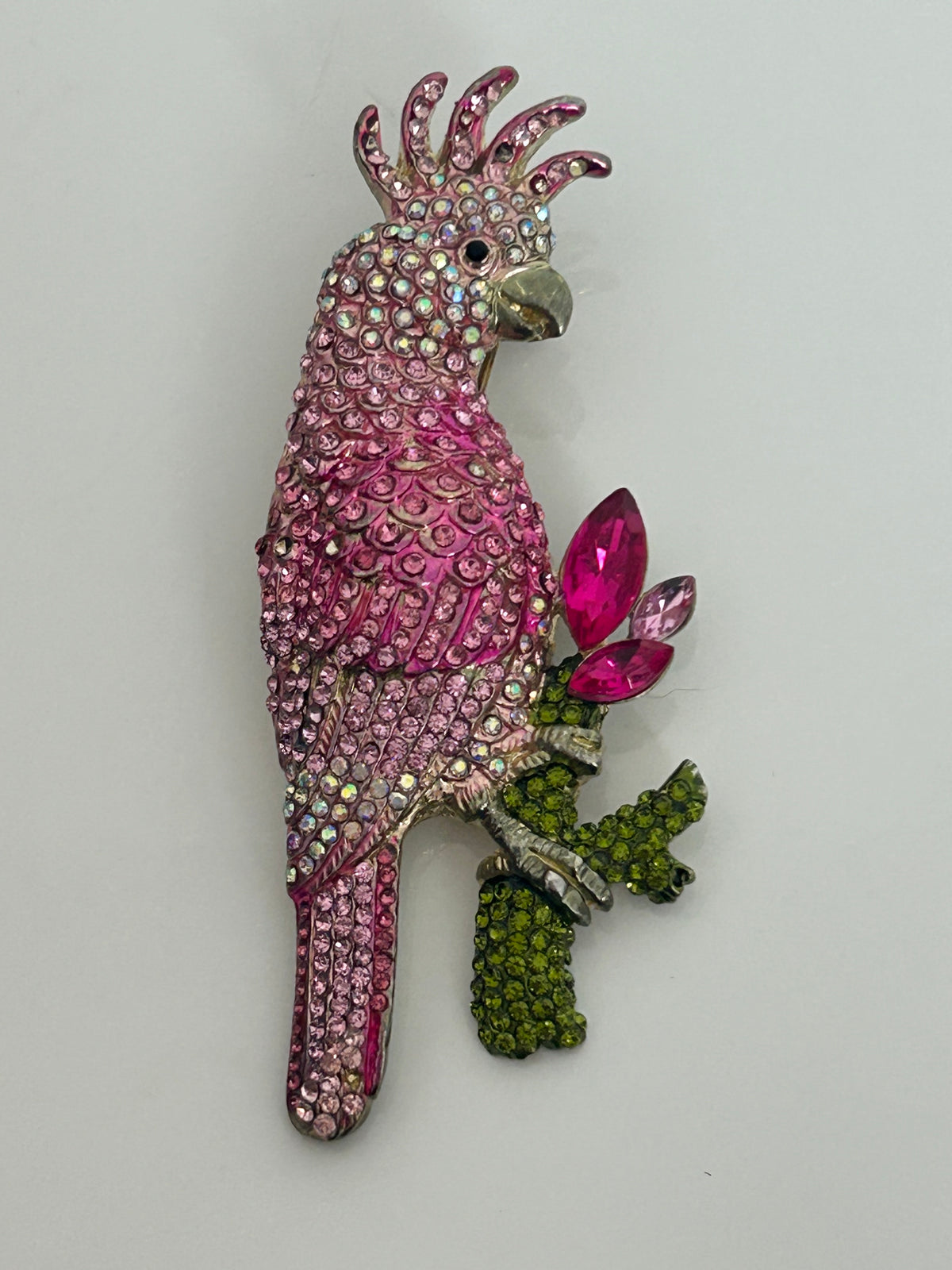 Vintage 1980s Large Pink Tones Diamante Rhinestone Set Parrot Brooch