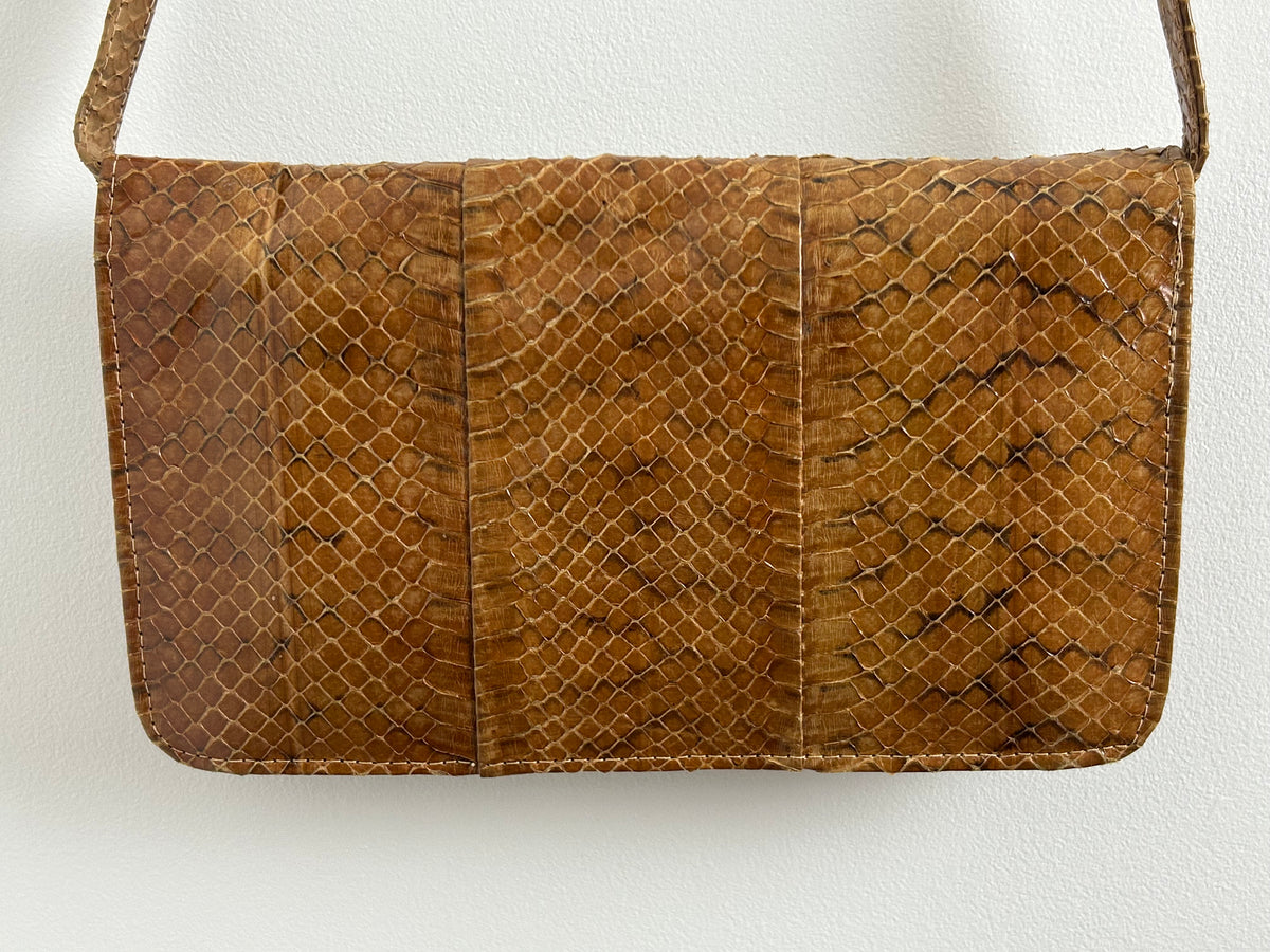 Vintage 1970s Small Tan Brown Real Snake Skin/Reptile Shoulder Bag Or Clutch