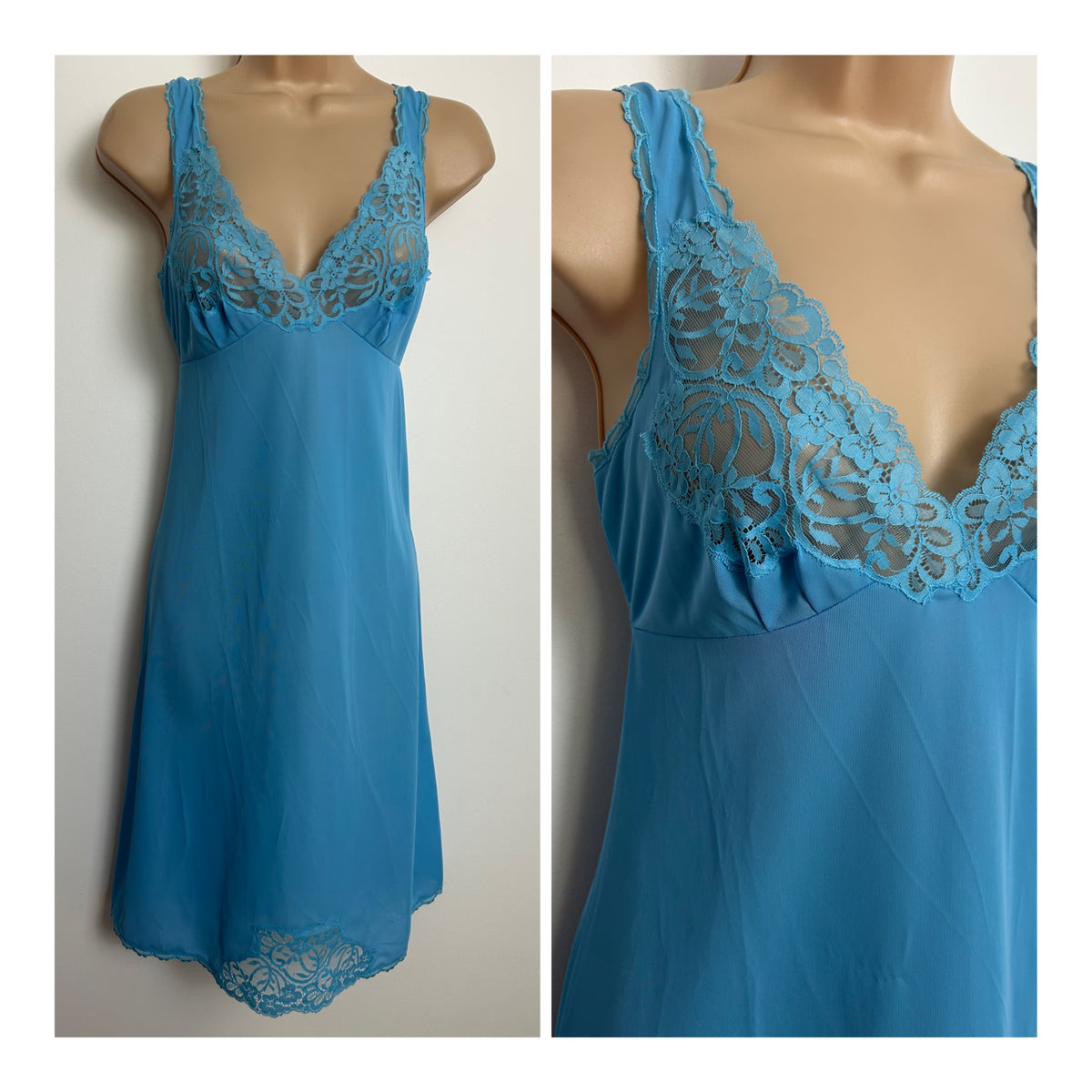 Vintage 1970s Made In Italy Size 6 Pretty Blue Lace Trim Nylon Slip