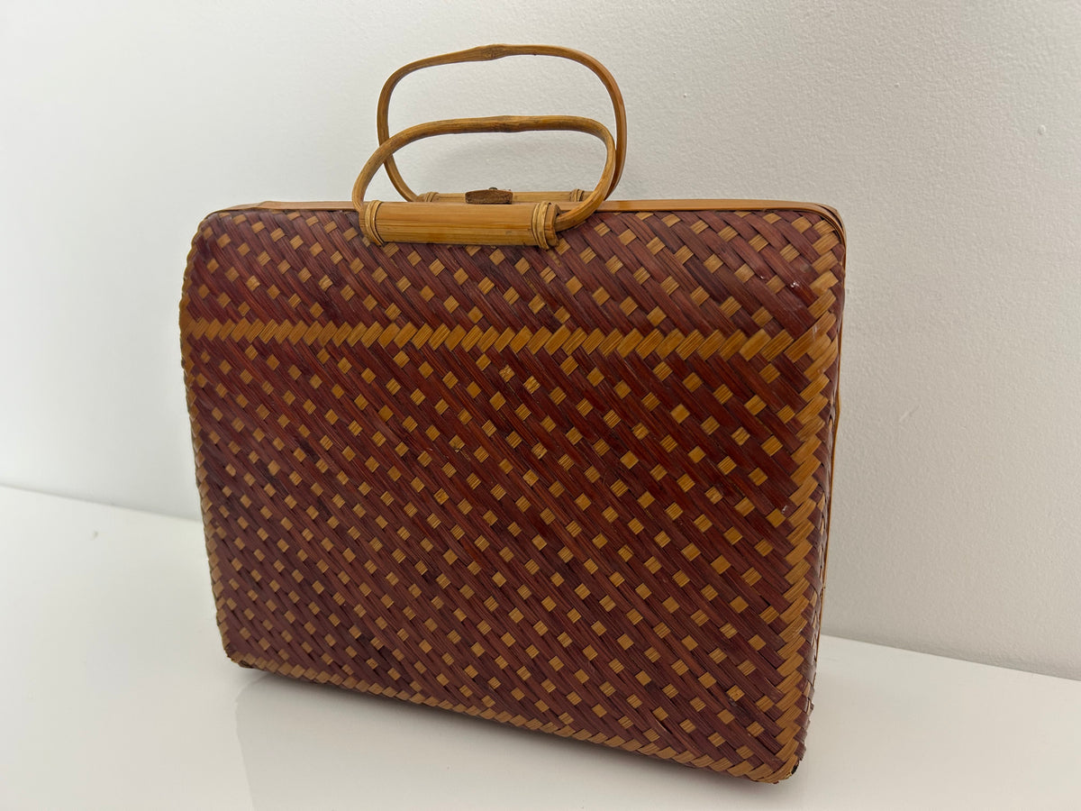 Vintage 1950s Peoples Republic Of China Brown & Tan Wicker Woven Box Style Handbag