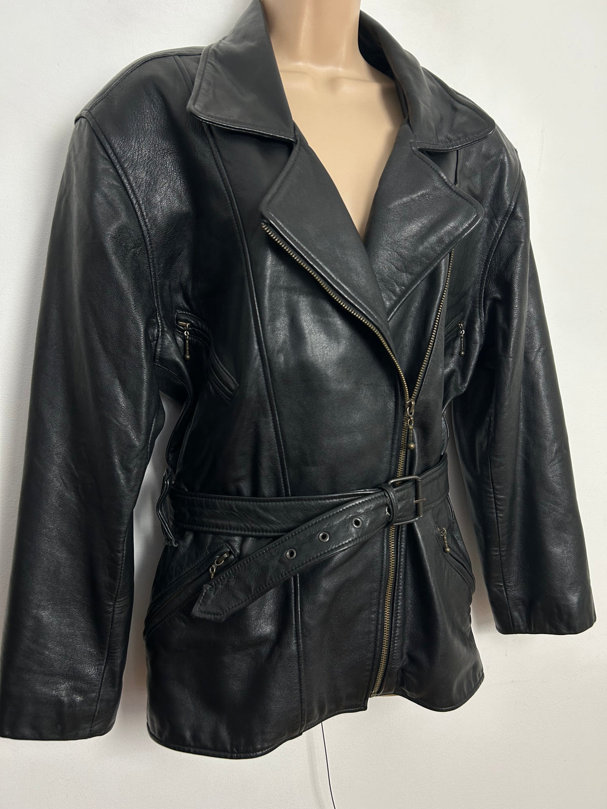 Vintage 1980s J.I.F (Just In Fashion) UK Size 14-16 Black Leather Zip Fronted Pocket Detail Belted Biker Style Jacket