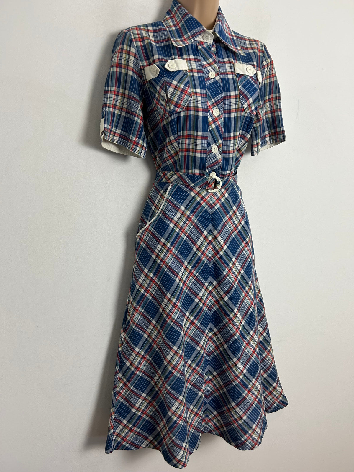 Vintage Late 1970s UK Size 8 Blue Red & White Check Print Cotton Pocket Detail Belted Day Dress