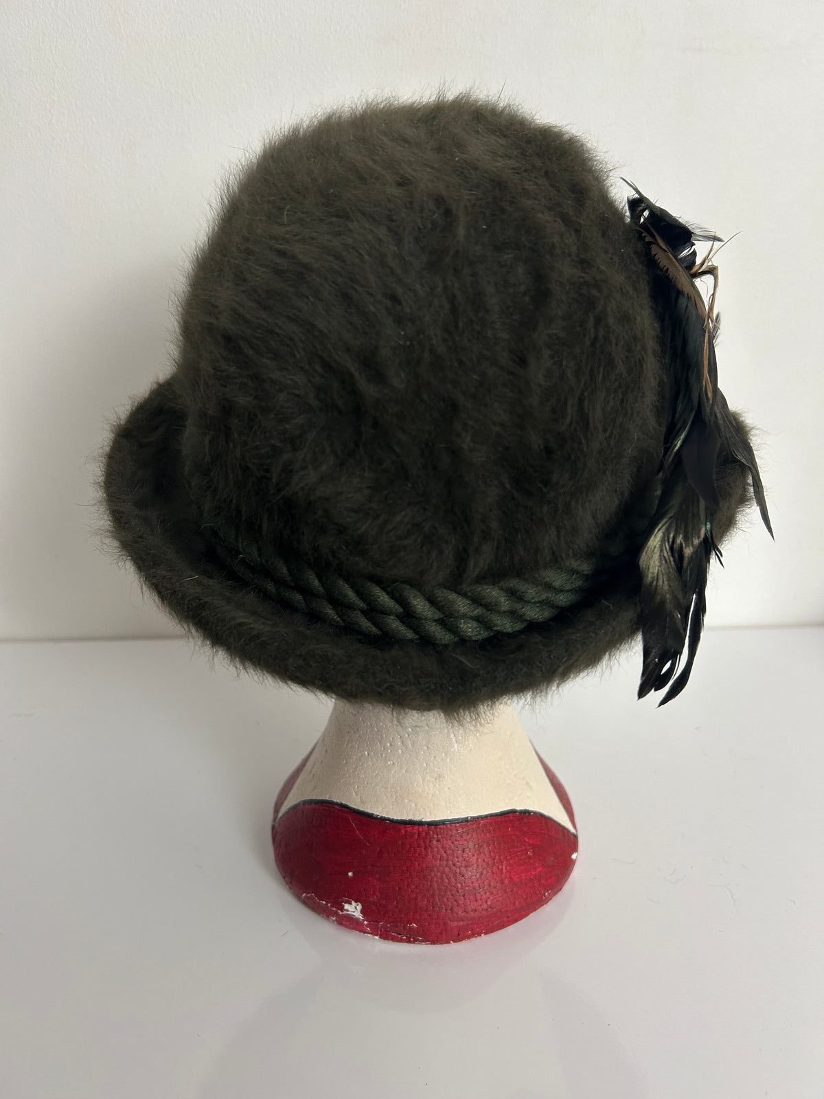 Vintage Austrian Dark Moss Green Angora Mix Rope Braid & Feather Trim Trilby Style Hat