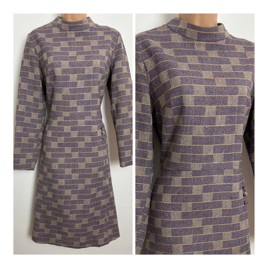 Vintage 1960s DANDI BY BERKERTEX Size 12-14 Mauve & Beige Check Print Wool Mix Mod Dress