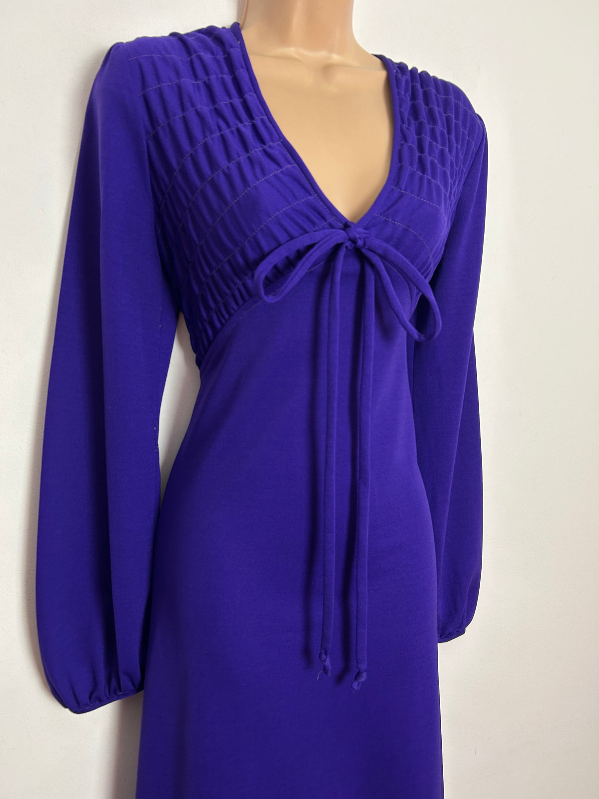 Vintage 1970s UK Size 10-12 Purple Shirred Bodice Long Sleeve Boho Maxi Dress