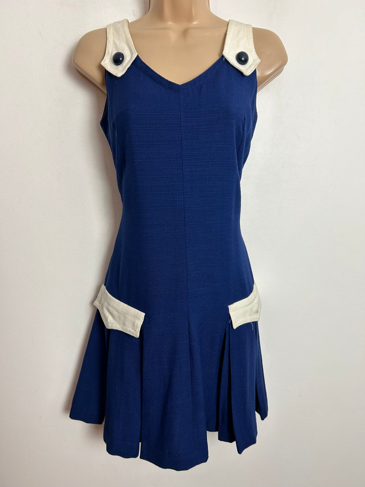 Vintage 1960s UK Size 8 Navy Blue & White Contrast Mini Mod Pleated Shift Dress