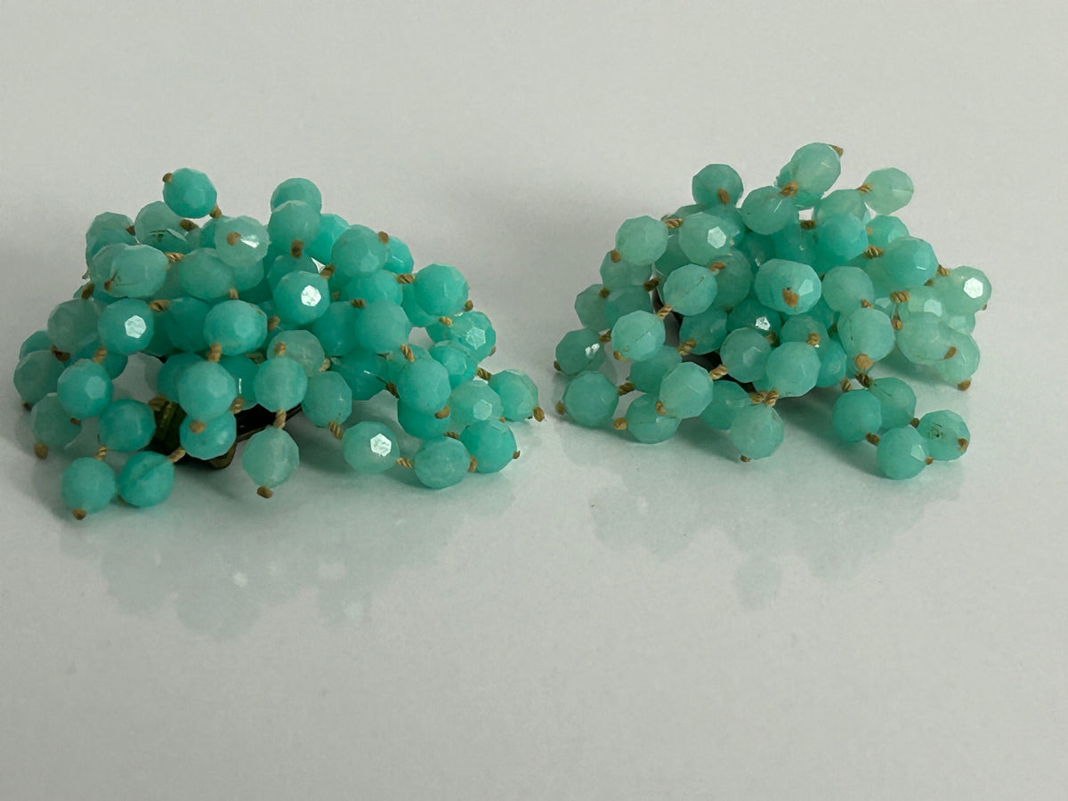 Vintage 1960s Greeny Blue Plastic Bead Clip On Earrings