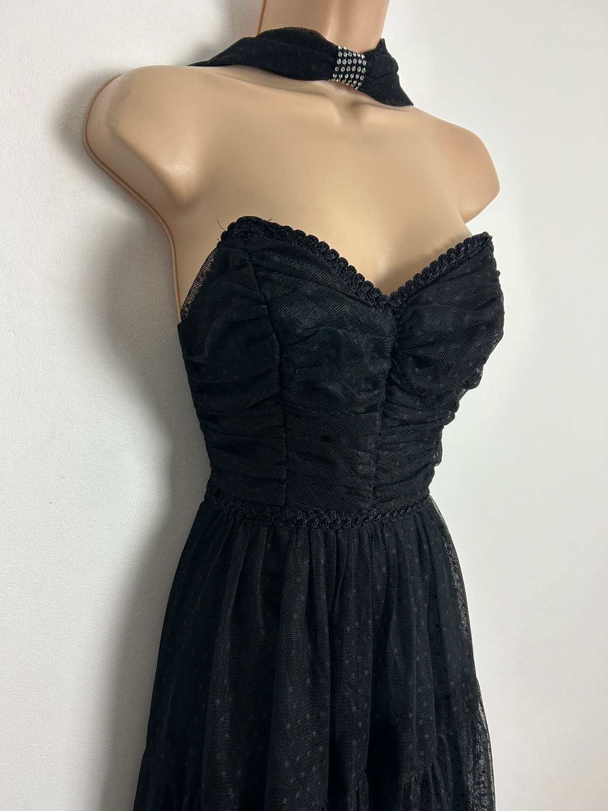 Vintage 1980s AFTER SIX BY RONALD JOYCE UK Size 6-8 Black Polka Dot Net Halter Neck Party Prom Special Occasion Ballgown