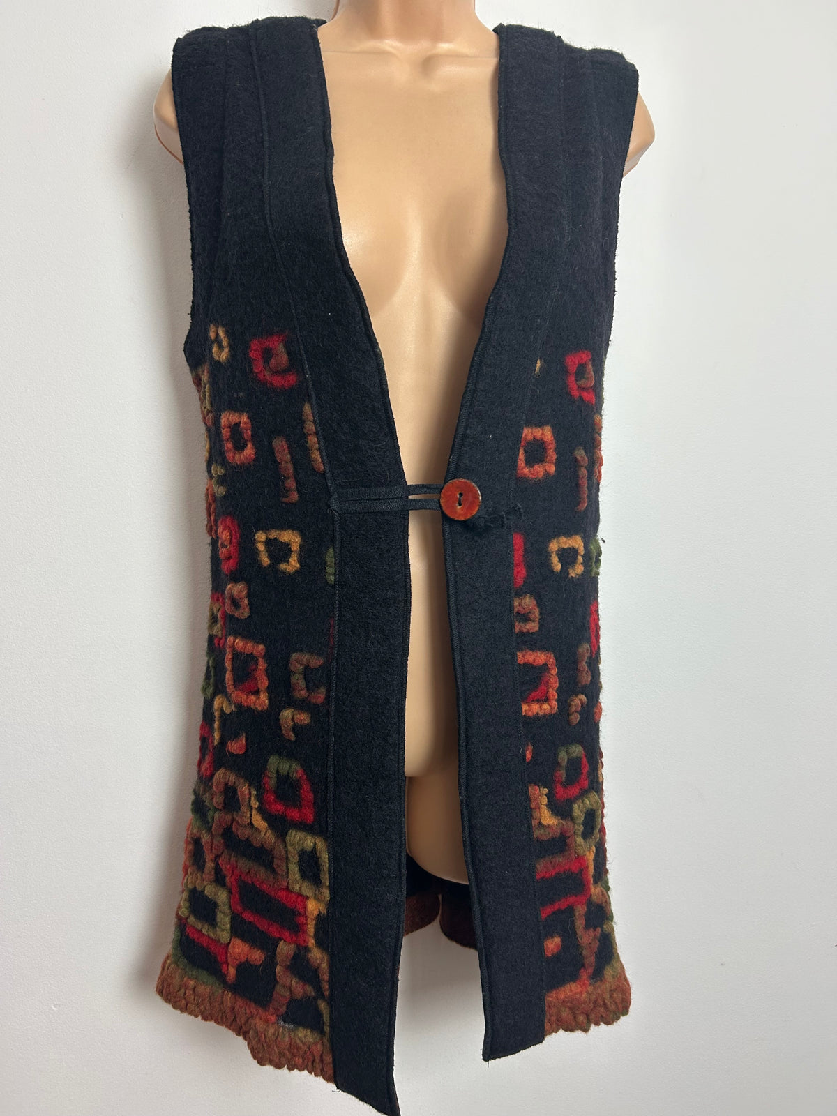 Vintage Size 12-14 Very Dark Grey Multi Square Pattern Wool Long Length Waistcoat