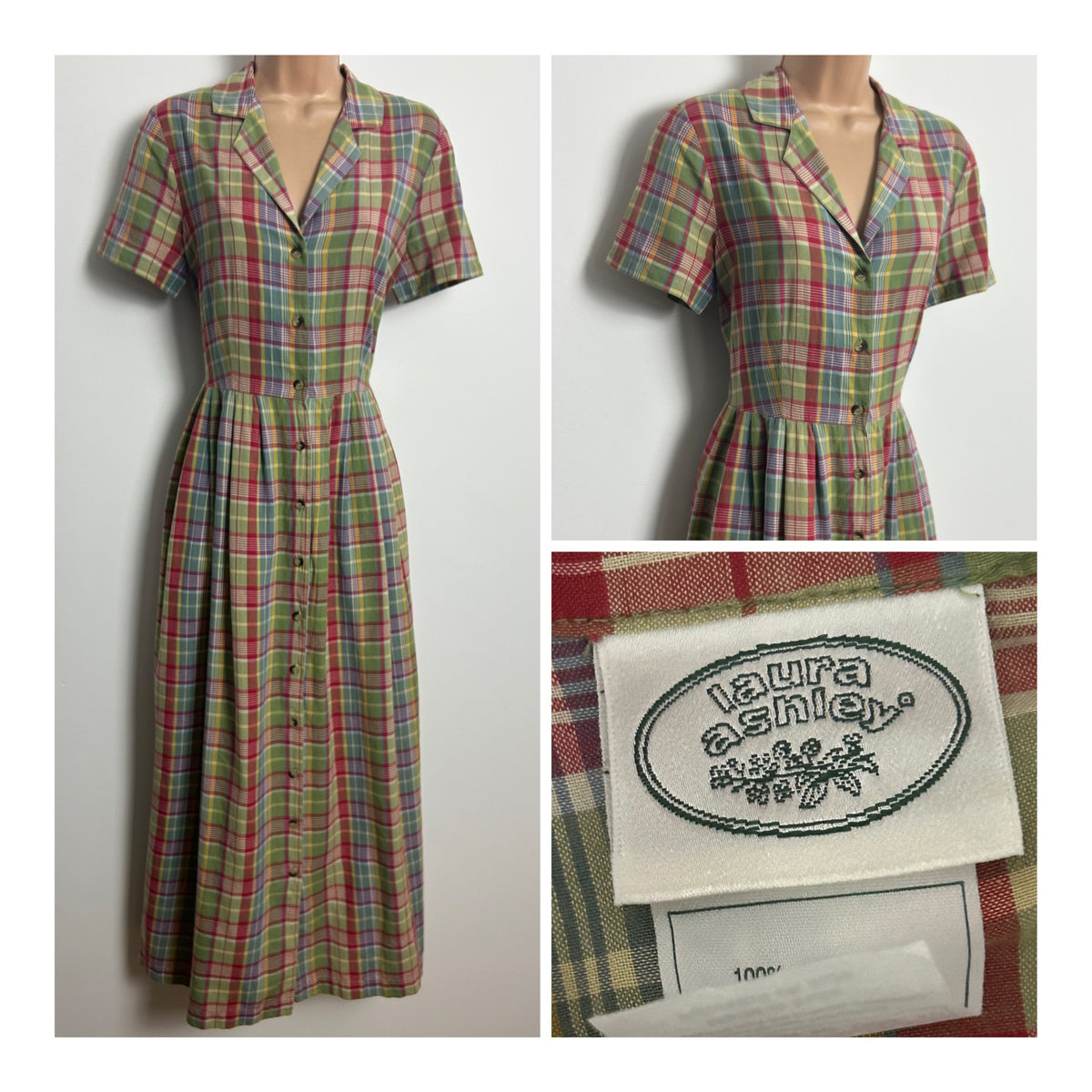 Vintage 1980s LAURA ASHLEY Size 12 Green Red & Blue Check Print Cotton Maxi Dress