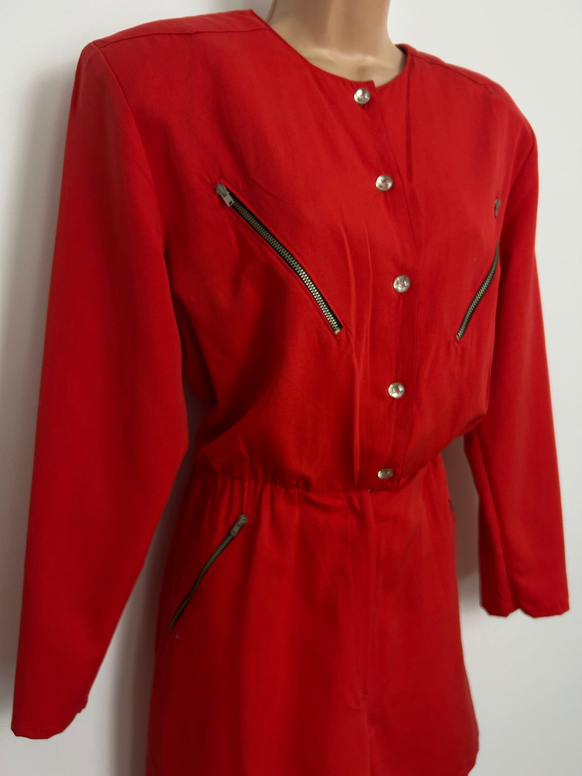 Vintage Early 1990s BELLA MINELLI Size 12-14 Red Zip Detail Long Sleeve City Shorts Playsuit