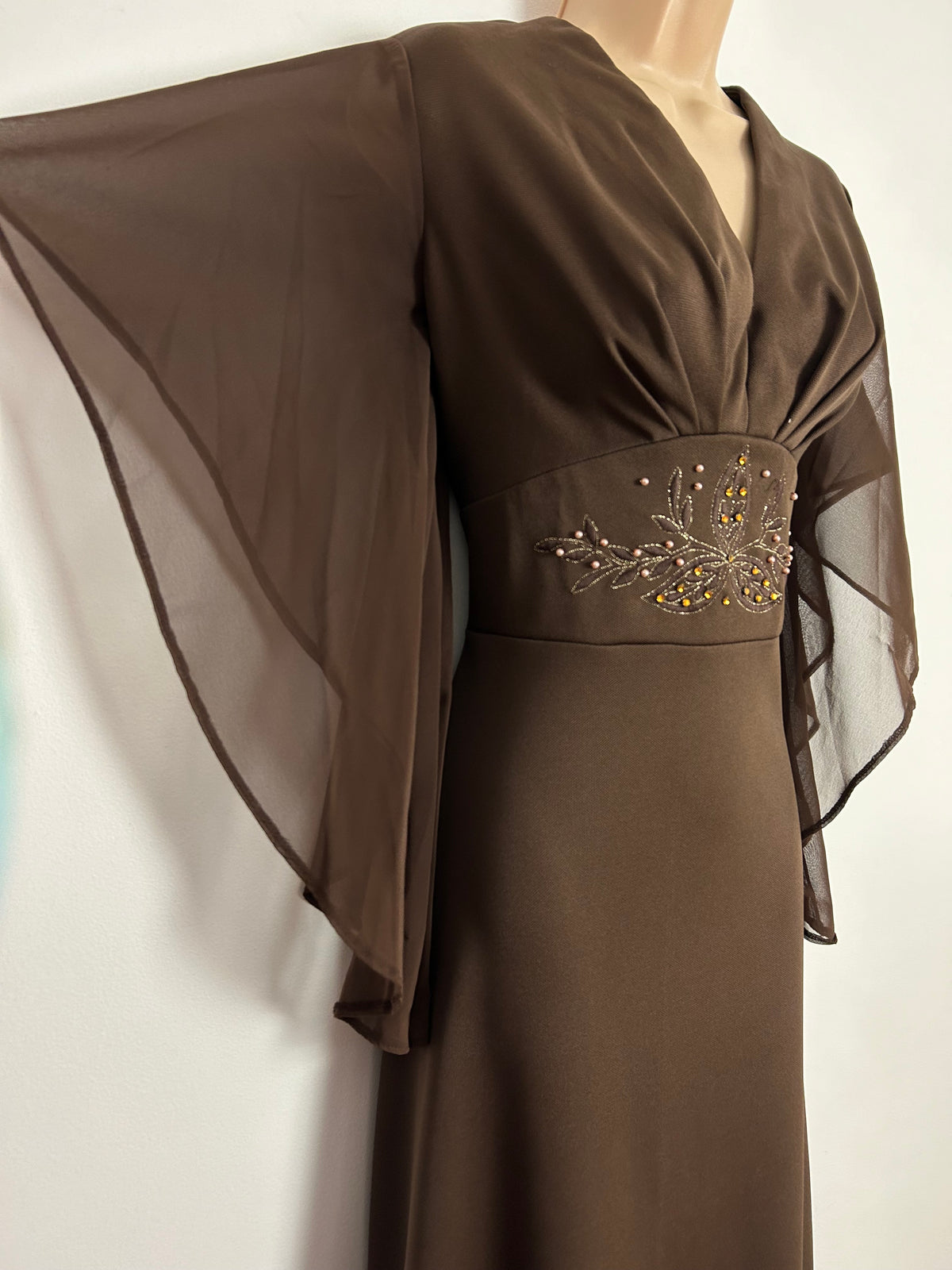 Vintage 1970s UK Size 12 Chocolate Brown Chiffon Flared Sleeve Stitch Bead & Diamante Embellished Occasion Maxi Dress