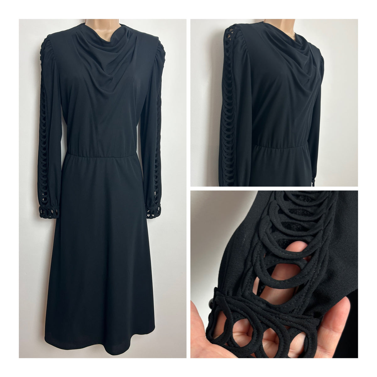 Vintage 1980s FRANKENWALDER Size 12 Black Cowl Neck Cut Out Ladder Sleeve Dress