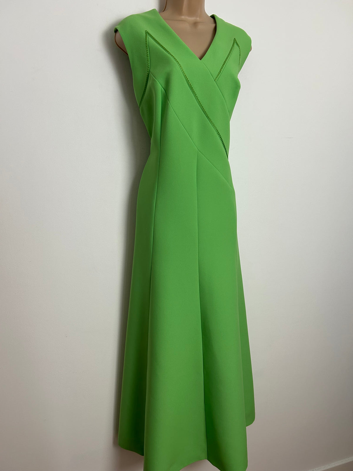 Vintage 1960s EVELYNE MODELL Size 14 Lime Green Stitch Detail Sleeveless Occasion Maxi Dress