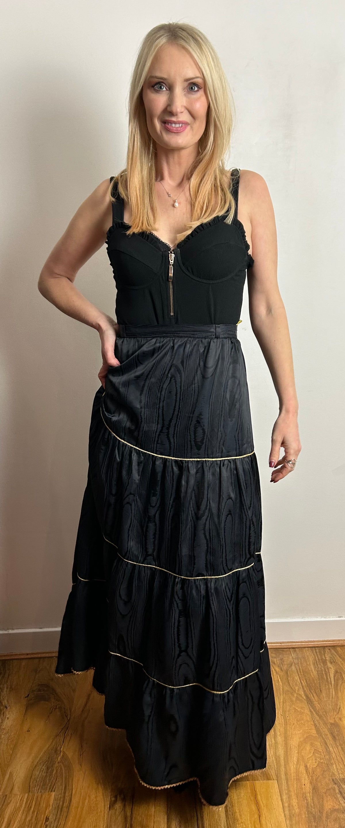 Vintage 1970s C&A UK Size 12-14 Black Moire Gold Trim Maxi Length Skirt