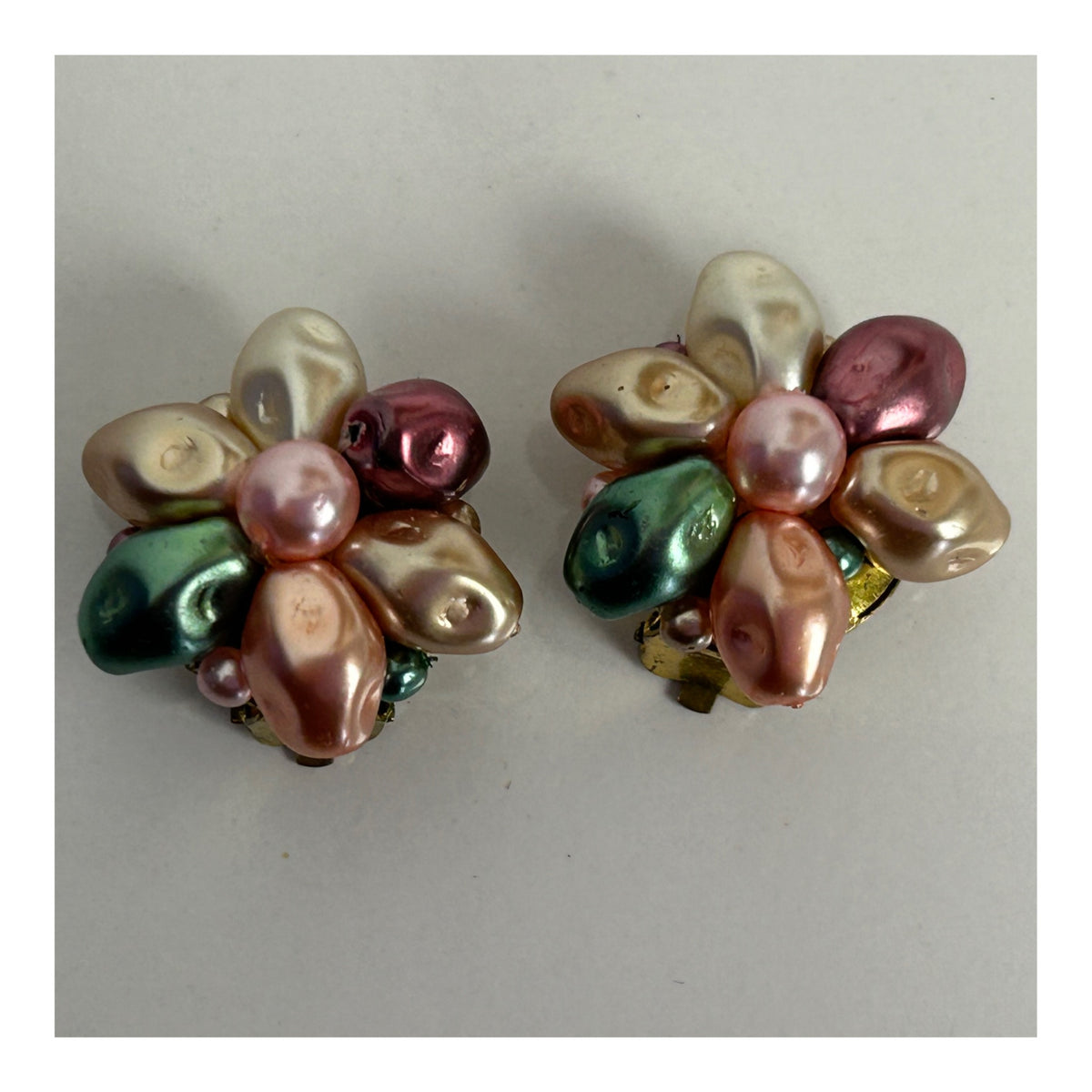 Vintage 1960s Cute Little Pastel Colour Beaded Flower Clip On Earrings